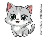 Cute kitten, gray cute kitten, drawing, happy pet, graphic, cat. Sticker, image on children's stationery.   Isolated on white background. 
