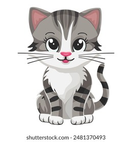 Cute kitten, gray cute kitten, drawing, happy pet, graphic, cat. Sticker, image on children's stationery. Isolated on white background.
