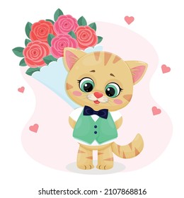 Cute kitten in green vest and bow tie butterfly with bouquet of roses