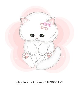 Cute kitten with hairpins, fashion vector illustration, textile print