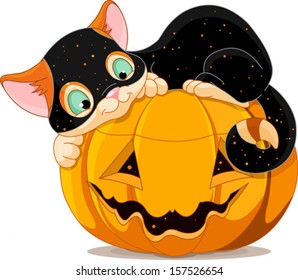 A cute kitten with Halloween costume, lying happily on a pumpkin.