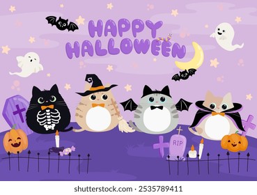 Gatinho bonito em fantasia de Halloween na ilustração vetor noite. Gato com trajes diferentes, vampiro, esqueleto, bruxa, abóbora e morcego.  Truque ou trate em design de estilo plano isolado.