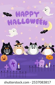 Gatinho bonito em fantasia de Halloween na ilustração vetor noite. Gato com trajes diferentes, vampiro, esqueleto, bruxa, abóbora e morcego.  Truque ou trate em design de estilo plano isolado.