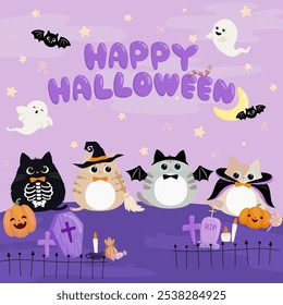 Gatinho bonito em fantasia de Halloween na ilustração vetor noite. Gato com trajes diferentes, vampiro, esqueleto, bruxa, abóbora e morcego.  Truque ou trate em design de estilo plano isolado.