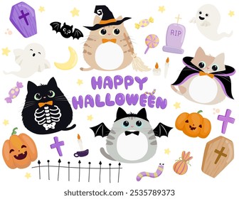 Gatinho bonito na ilustração vetor de fantasia de Halloween. Gato com trajes diferentes, vampiro, esqueleto, bruxa, abóbora e morcego.  Truque ou trate em design de estilo plano isolado.