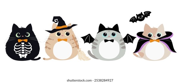 Gatinho bonito na ilustração vetor de fantasia de Halloween. Gato com trajes diferentes, vampiro, esqueleto, bruxa e morcego.  Truque ou trate em design de estilo plano isolado.