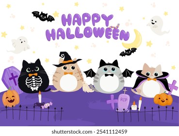 Gatinho bonito na ilustração vetor de fantasia de Halloween. Gato com trajes diferentes, vampiro, esqueleto, bruxa, abóbora e morcego.  Truque ou trate em design de estilo plano isolado.