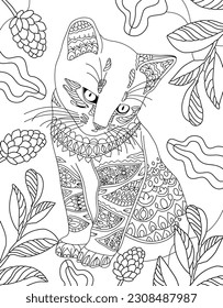 Cute kitten. Hand drawing coloring for kids and adults. Beautiful drawings with patterns and small details. Cat coloring page, monochrome book pictures with animals. Vector