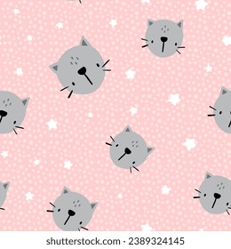 cute kitten hand drawn face in the pink sky with kawaii stars and polka dot texture background, kids seamless pattern for baby girl, fabric and textile design