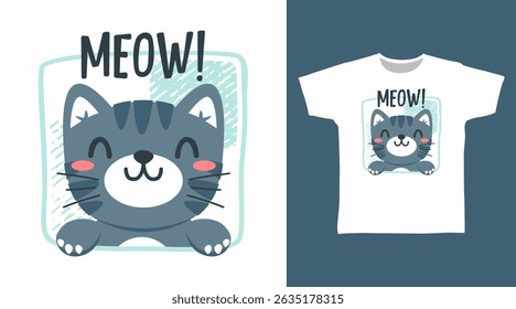 Vetor de ilustração desenhado à mão bonito gatinho, pronto para imprimir em t-shirt e outros usos.