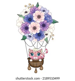 Cute kitten hanging on hot air balloon flying in the sky. Cartoon cat flies in a balloon made of flowers. Cute child character, symbol of 2023 new chinese year.