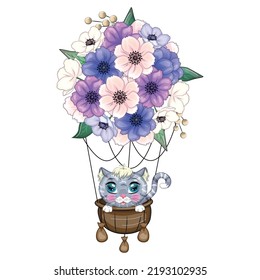 Cute kitten hanging on hot air balloon flying in the sky. Cartoon cat flies in a balloon made of flowers. Cute child character, symbol of 2023 new chinese year.