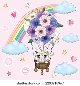 Cute kitten hanging on hot air balloon flying in the sky. Cartoon cat flies in a balloon made of flowers. Cute child character, symbol of 2023 new chinese year.