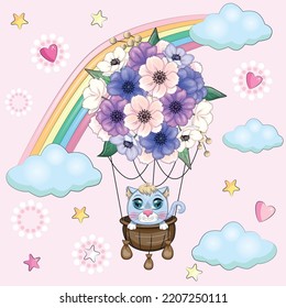 Cute kitten hanging on hot air balloon flying in the sky. Cartoon cat flies in a balloon made of flowers. Cute child character, symbol of 2023 new chinese year.