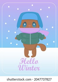A cute kitten in a hat with earflaps, a scarf and a winter jacket is standing under the snow. Hello winter. Greeting new year winter vector illustration, postcards, greeting cards