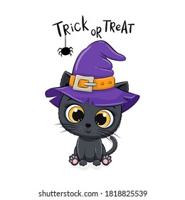 Cute kitten with hat. Happy Halloween card. Vector illustration
