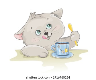 Cute kitten having a cup of tea. Funny kitten cartoon character. Stock vector illustration on white background