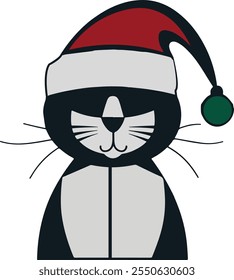 Cute kitten head in Santa hat , Cute cat illustration with a Christmas tree hat