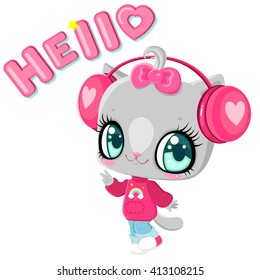 Cute kitten with headphones. Cat listening to music. I love music. Children's character. Inscription hello.