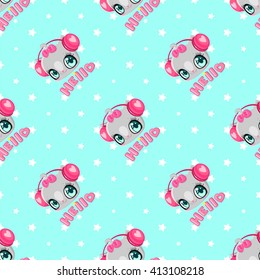 Cute kitten with headphones pattern on blue background. Cat listening to music. I love music. Children's character. Inscription hello.