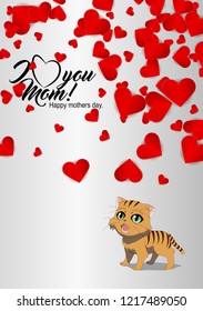 Cute kitten with heart, greeting card for Mothers Day, love you mom lettering