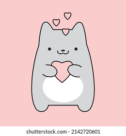 Cute kitten with a heart in its paws on a pink background. Vector image.