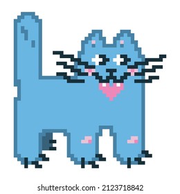 Cute kitten with a heart in its teeth pixel art. Cartoon illustration in flat. A cat in the style of computer games of the 90s.