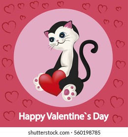 Cute kitten with a heart. Valentine's day card