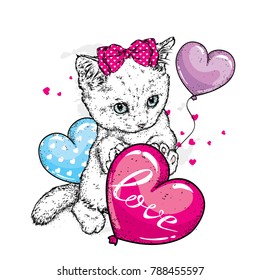 Cute kitten with hearts, glasses and a bow. Vector illustration for a postcard or a poster, print for clothes. Valentine's Day, love and friendship. Cat in clothes and accessories.