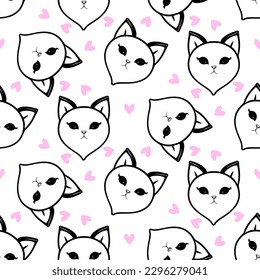 cute kitten with hearts seamless pattern, black and white doodle
