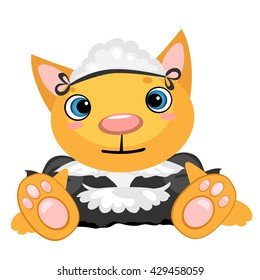 Cute kitten in her apron. Vector illustration.