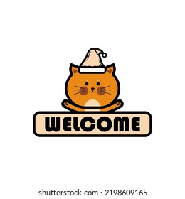 Cute kitten hold a welcome sign, cartoon cat vector.