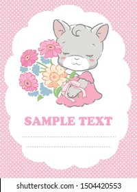 Cute kitten holding a bouquet. Vector illustration for invitation card, birthday card, baby wear design or other use.