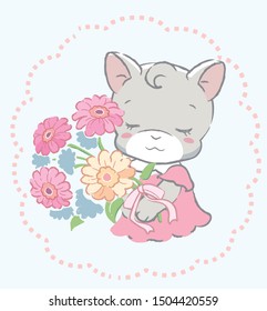 Cute kitten holding a bouquet. Vector illustration for invitation card, birthday card, baby wear design or other use.