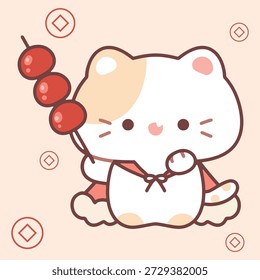 El gatito lindo está sosteniendo un bastón de caramelo y celebrando la llegada del Año Nuevo