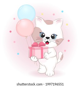 Cute kitten holding gift box and balloons cartoon hand drawn illustration