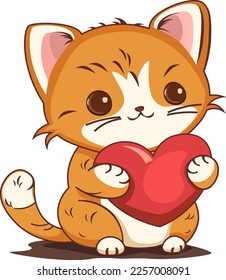 Cute kitten holding a heart in its paws, valentine, sticker, print, flat vector illustration.