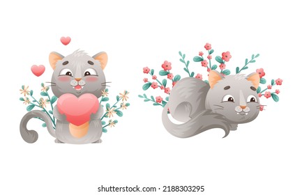 Cute kitten holding red heart and lying in flowers set. Lovey grey cat animal cartoon vector illustration