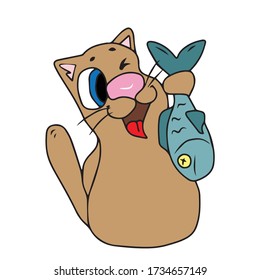 Cute kitten holds a fish in its paw .Vector children's design for greeting cards, banners.