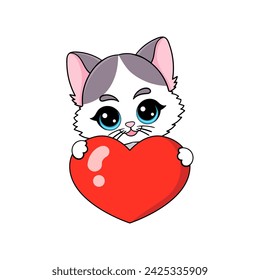 Cute kitten holds a red heart in its paws. Isolated image on a white background. For the design of Valentine's cards, prints, posters, stickers, cards, congratulations, etc. Vector illustration