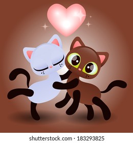 Cute kitten hugging another kitten. Romantic illustration