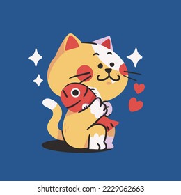 cute kitten hugging fish toy pet mascot doodle element asset