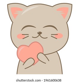 a cute kitten hugs a heart. sticker with a kitten