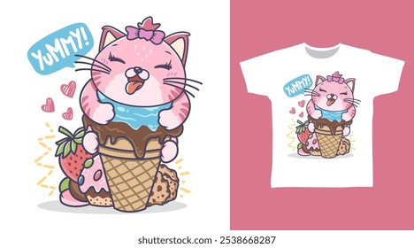 Cute Kitten with Ice Cream tshirt art fashion design.