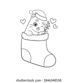 Cute kitten inside Christmas sock. Children coloring page Christmas and new year theme.