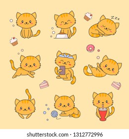 Cute Kitten Kawaii Character Sticker Set. Cat with Anime Face Various Emoji Design for Doodle. Comic Animal Love Element Kit for Children. Funny Pet Icon Flat Cartoon Vector Illustration