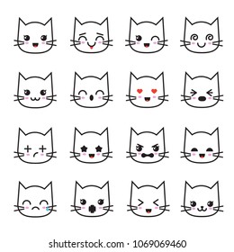 Cute kitten kawaii emoticon collection. Funny white cat emoji vector avatars. Character cartoon cat face, kawaii avatar emoticon illustration