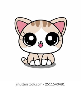 Gatito lindo en estilo kawaii. Se puede utilizar para la impresión de la camiseta, pegatinas, diseño de la tarjeta de felicitación. Ilustración vectorial aislada en blanco.