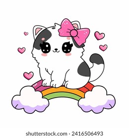 Cute kitten in kawaii style standup on rainbow and cloud with sparkling heart