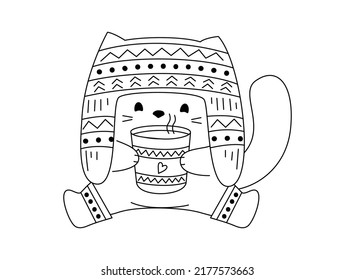 Cute kitten in a knitted hat with a cup of coffee. Picture for coloring.